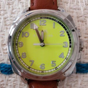 Coach Boyfriend NeonGreen Dial Brown Leather Strap